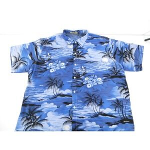 Han Ton Hawaiian Shirt Mens Blue Tropical Button Up Short Sleeve Size 3XL